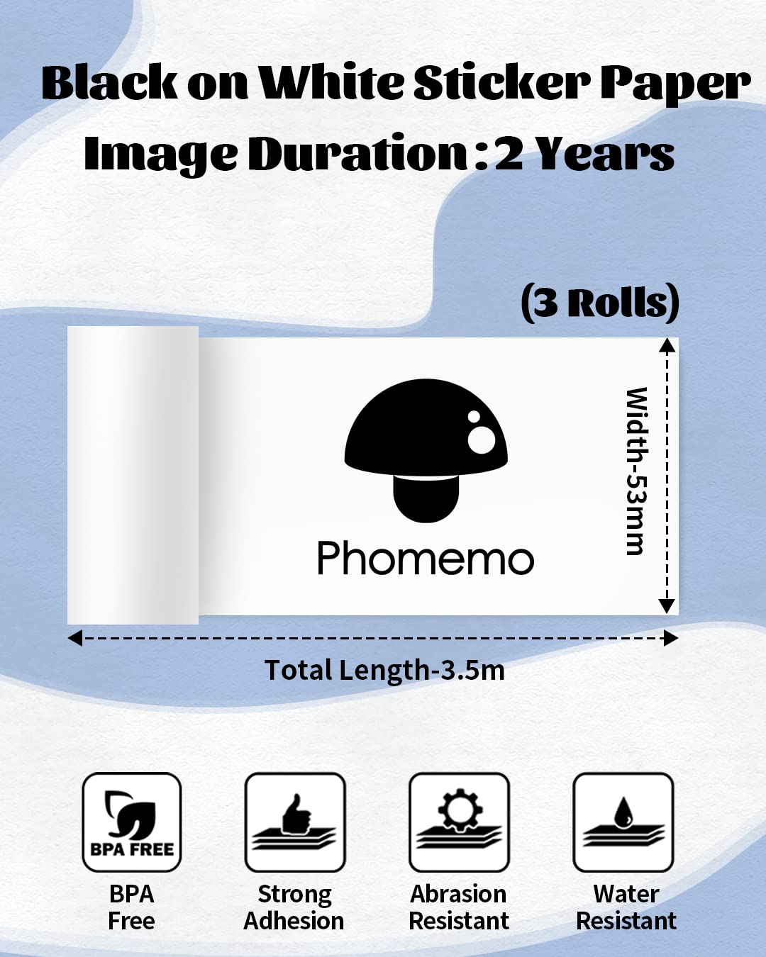 Phomemo White Self-Adhesive Thermal Paper, Glossy Printable Sticker Paper for Phomemo M02/M02 Pro/M02S/M03 Pocket Mobile Printer, Black on White, 50mm x 3.5m, Diameter 30mm, 3-Rolls