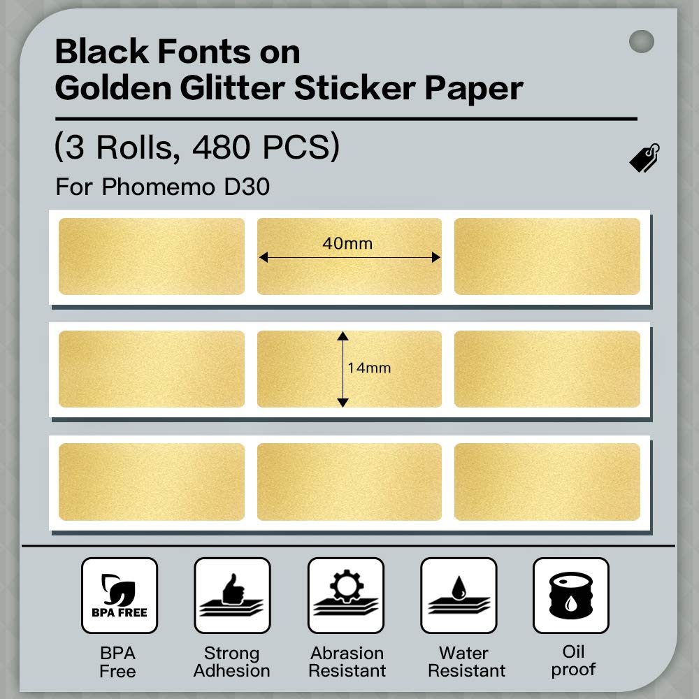 Carta termica D30, compatibile con Phomemo Golden Glitter, etichetta autoadesiva, carta termoadesiva 14 x 40 mm, lavoro a casa, 3 rotoli