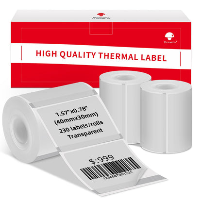 3 Rollen Phomemo M110/M220 Etiketten, Transparent 1.57''x 1.18'' (40 x 30 mm) Thermoetikettenpapier für Phomemo M120/M110/M200/M220 Etikettendrucker, Thermoetikett, Thermopapier, 230 Etiketten/Rolle