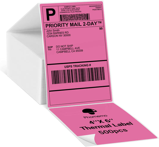 Phomemo 4x6 Thermal Labels - Direct Address Shipping Labels Compatible with Phomemo Rollo and More 4 * 6 Label Printers, 500PCS, Pink