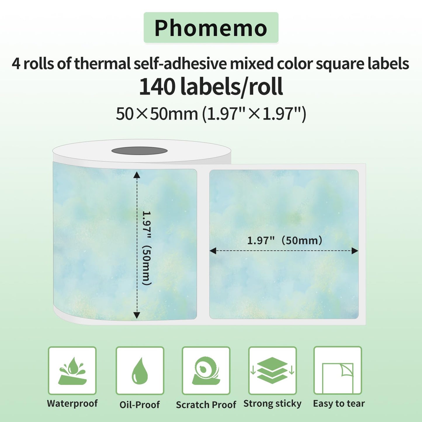 Phomemo 4 Rotoli Etichette Colorate M110 Etichette Quadrate -1.96''x1.96''（50x50mm),Compatibile con Phomemo M110 M120 M220 M221 M200 Stampanti,150 Etichette/rotolo,4 Rotoli Etichetta abbagliante