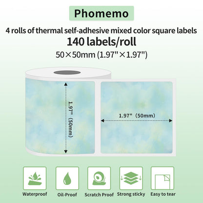 Phomemo 4 Rotoli Etichette Colorate M110 Etichette Quadrate -1.96''x1.96''（50x50mm),Compatibile con Phomemo M110 M120 M220 M221 M200 Stampanti,150 Etichette/rotolo,4 Rotoli Etichetta abbagliante