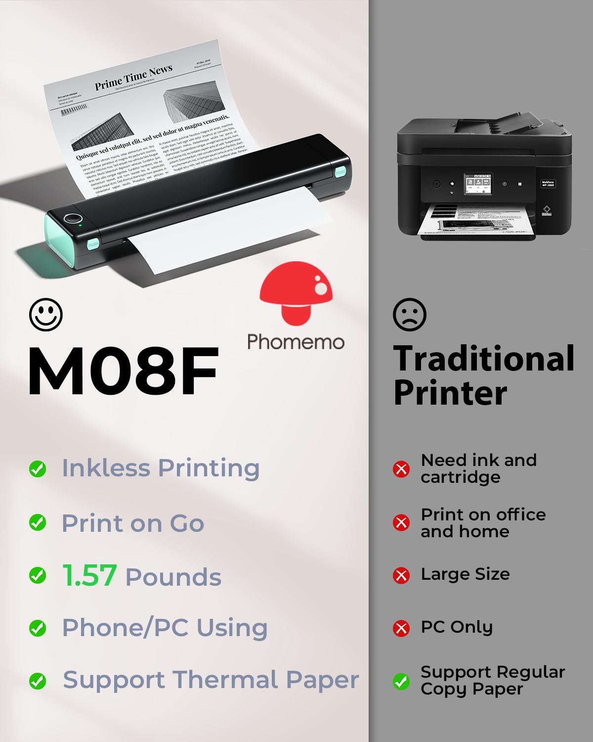 Phomemo Portable Printer Wireless for Travel, [New] M08F-Letter Bluetooth Mobile Printer Support 8.5 inch x 11 inch US Letter, No-Ink Thermal Compact Printer, Compatible with Android and iOS Phone & Laptop
