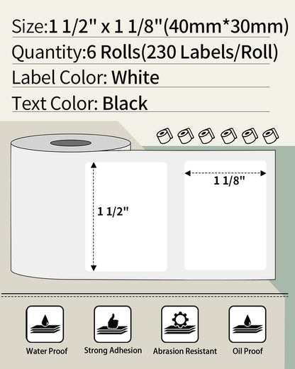 Phomemo 1.57''x1.18''(40x30mm) Label, 6 Rolls M110/M110S/M120/M200/M220 Thermal Paper - Multi-Purpose Square Self-Adhesive Label, 230 Labels/Roll, Black on White