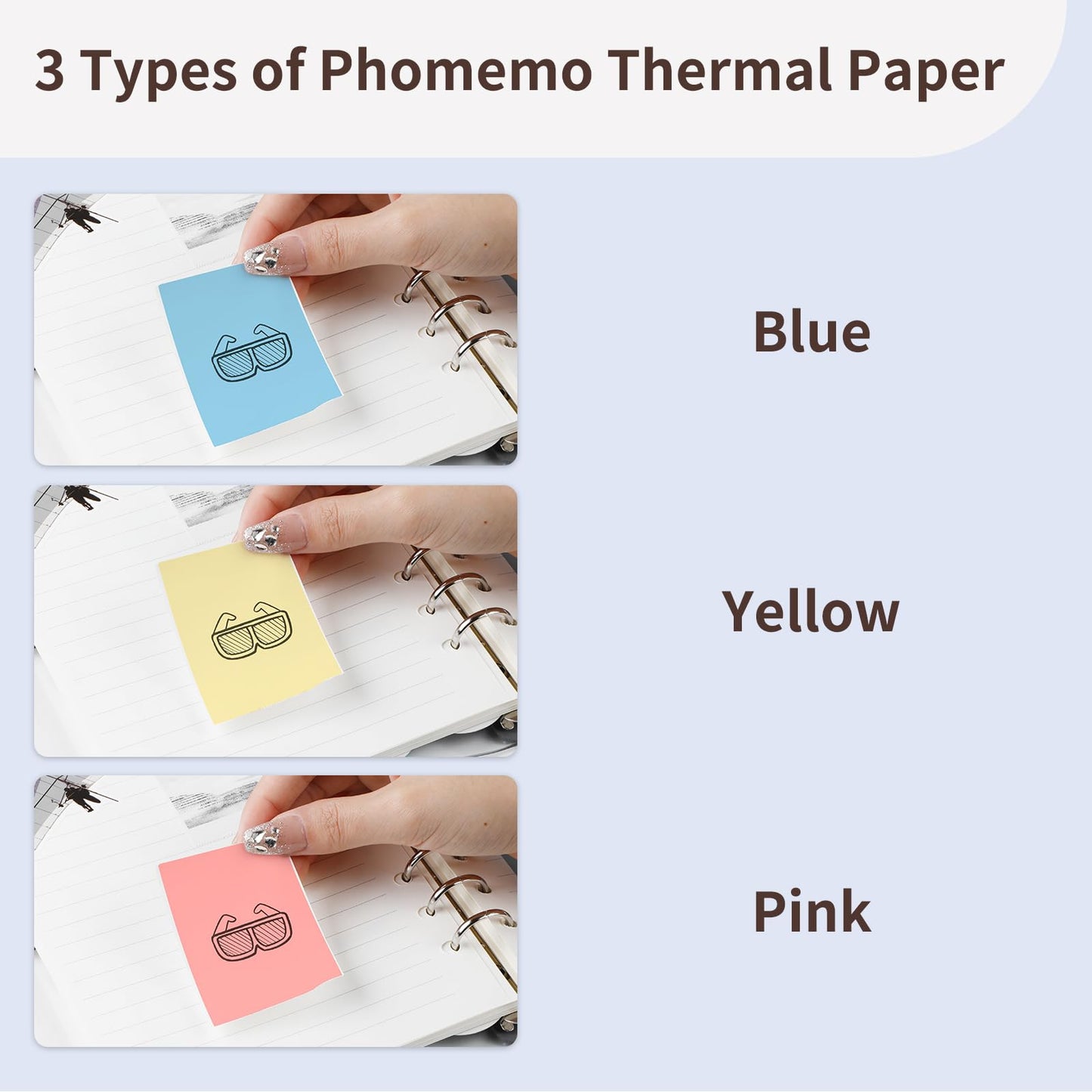 Phomemo Papier thermique couleur 53 mm pour mini imprimante de poche M02/M02S/M02Pro/M03/M03AS/M04S/M04AS, jaune/bleu/rose, 3 rouleaux de papier autocollant couleur autocollant, 53 mm x 6,5 m, 20 ans