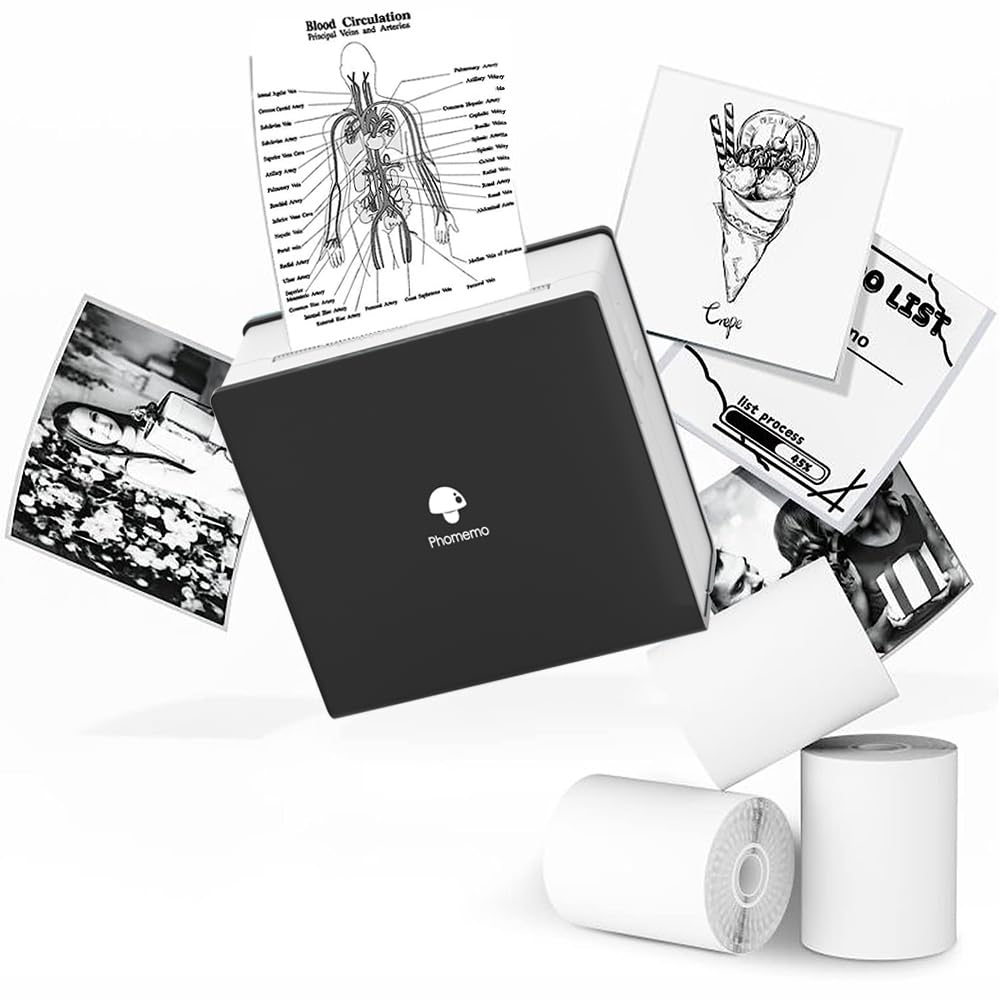 Impresora fotográfica portátil M02, Juego de 3 Rollos de Papel incluidos, Impresora térmica de Bolsillo, pequeña Impresora de Recibos Bluetooth, Compatible con Android, iPhone y iPad para niños,Negro