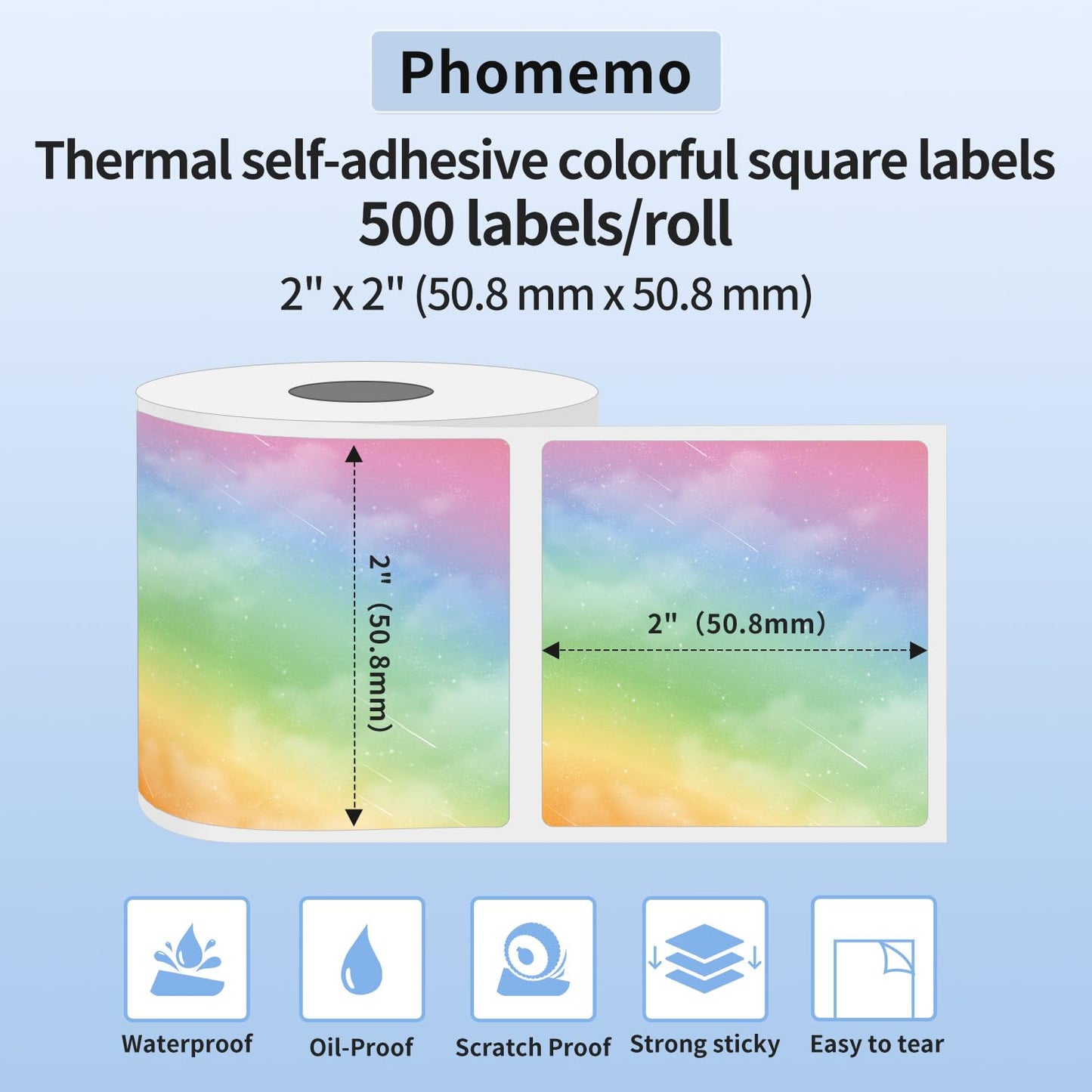 Phomemo ¨¦tiquettes carr¨¦es color¨¦es ciel ¨¦toil¨¦ 2''* 2'' (50x50mm) ¨¦tiquettes thermiques auto-adh¨¦sives, 500 ¨¦tiquettes/rouleau ¨¦tiquettes carr¨¦es color¨¦es ciel ¨¦toil¨¦