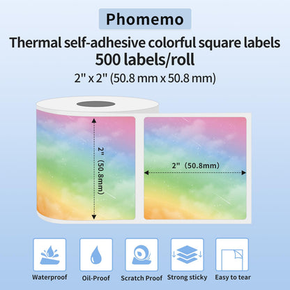 Phomemo ¨¦tiquettes carr¨¦es color¨¦es ciel ¨¦toil¨¦ 2''* 2'' (50x50mm) ¨¦tiquettes thermiques auto-adh¨¦sives, 500 ¨¦tiquettes/rouleau ¨¦tiquettes carr¨¦es color¨¦es ciel ¨¦toil¨¦