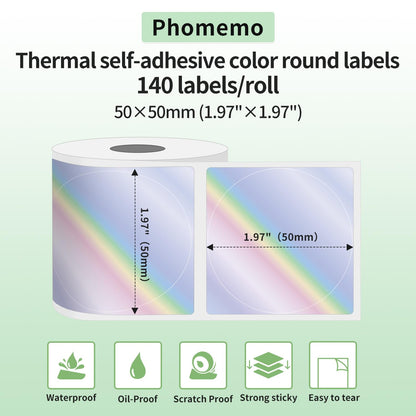 Phomemo Runde Thermo Laser Etiketten -Multifunktionale selbstklebende Etiketten,50x50mm（1.96'' x 1.96''）,140 Etiketten/Rolle, Laseretiketten für Phomemo M220 M110 M221 M120 M200 Etikettendrucker