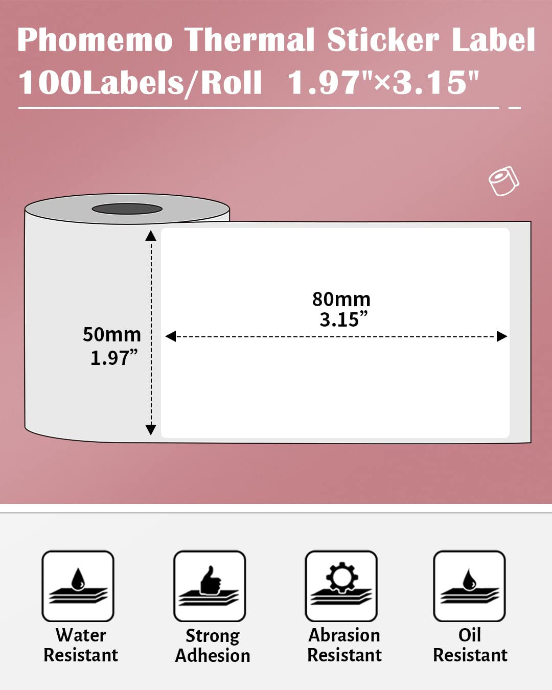 Multi-Purpose Square Self-Adhesive Label for Phomemo M110/M110S/M120/M200/M220 Label Printer,1.97''x3.15''(50x80mm),100 Labels/Roll, Black on White