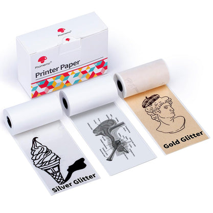 Phomemo Stampante M02/M02Pro/M02S/M03/M03AS/M04S/M04AS Paper, Carta Termica, Trasparente e Argento Glitterato, Set di Carta Adesiva Stampabile, 3 Rotoli