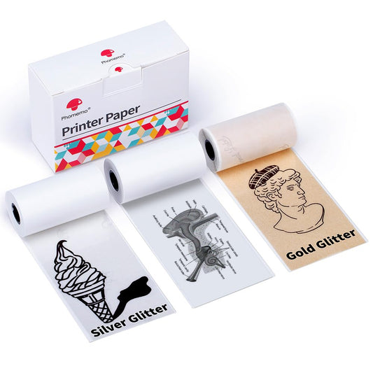Phomemo Stampante M02/M02Pro/M02S/M03/M03AS/M04S/M04AS Paper, Carta Termica, Trasparente e Argento Glitterato, Set di Carta Adesiva Stampabile, 3 Rotoli