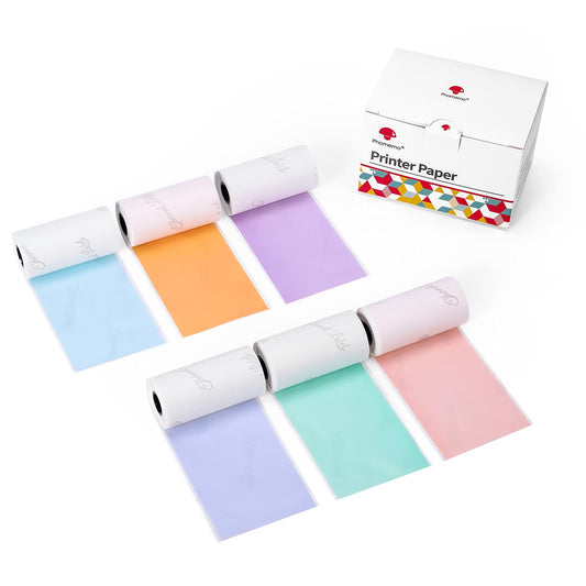 Phomemo Papier für T02, M02, M02S, M02PRO, M03, M03AS, M04S, M04AS, 53mm x 3,5m, 6 Rollen, Pink, Blau, Hellviolett, Grün, Lila, Orange, Schwarzer Druck