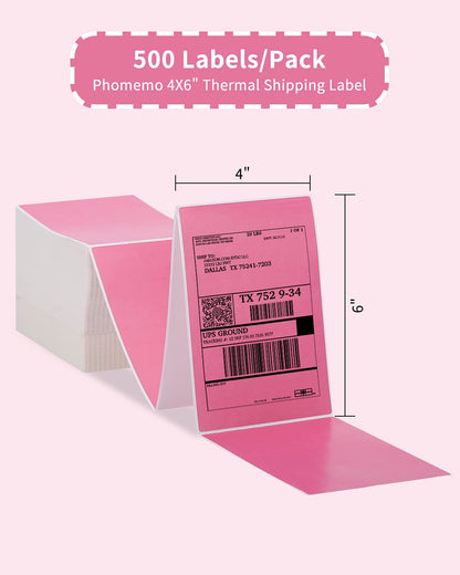Phomemo 4x6 Thermoetikett, Thermoetikettendrucker Etikettenpapier Transportetikett Verpackungsetikett, kompatibel mit Rollo und allen anderen 4¡Á6 Etikettendruckern (500 rosa Faltetiketten)