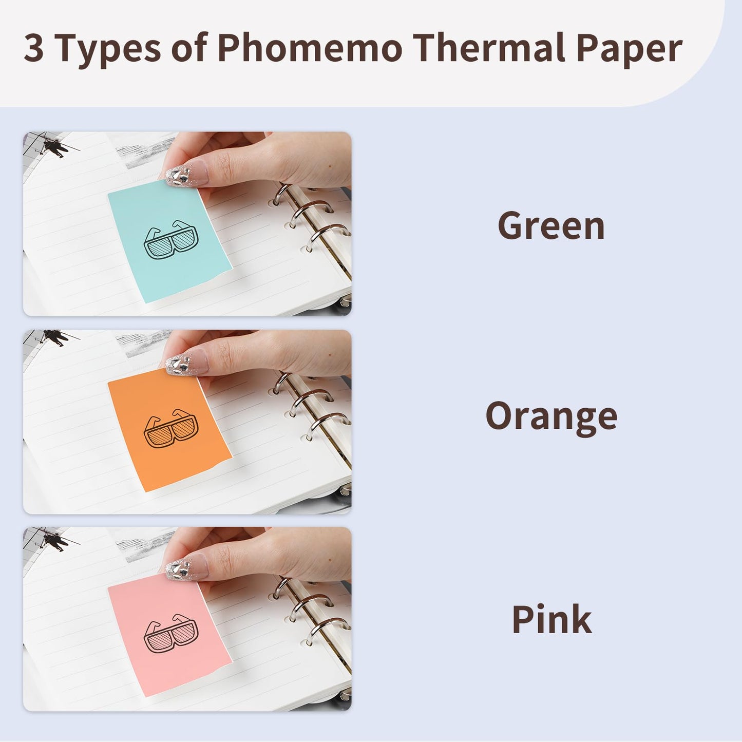 Phomemo 110mm Kolorowy papier do drukarek kieszonkowych M04S/M04AS, 3 rolki samoprzylepnego termicznego kolorowego papieru samoprzylepnego,110mm x 3,5m, 20-letnia gwarancja,Pomarańczowy/Zielony/Różowy