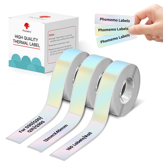 Phomemo D30 Étiquettes, 3 rouleaux Étiquette Phomemo D30, 12 mm × 40mm, compatible avec étiquettes Phomemo D30, convient pour la maison, l'école, 160 étiquettes/rouleau, 3 rouleaux. dégradé