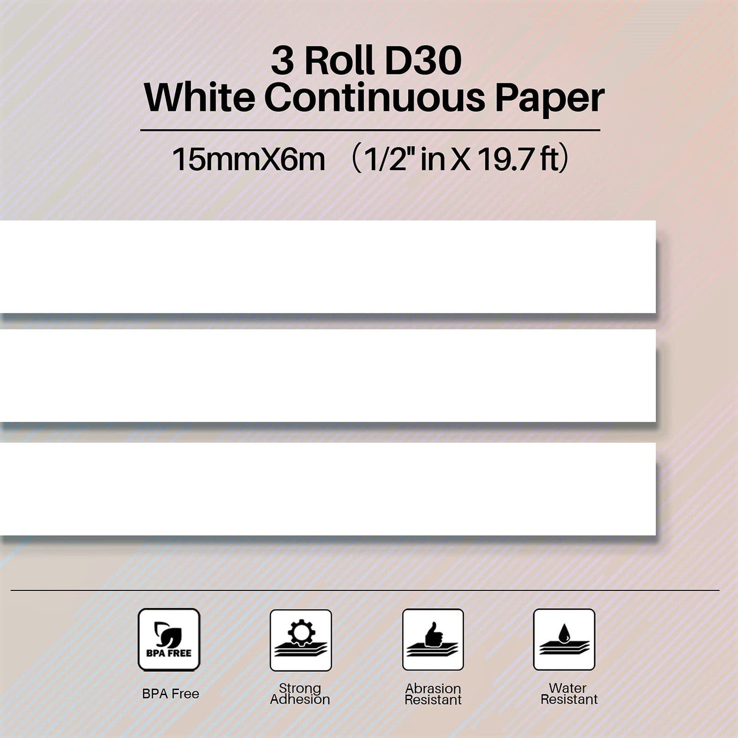 Phomemo 3 Roll D30 Adhesive Continuous Thermal Label Paper, Black on White - for Phomemo D30/D35 Label Makers