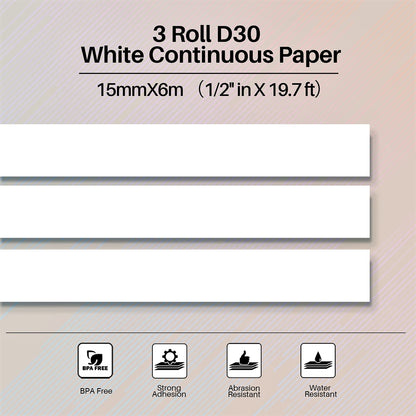 Phomemo 3 Roll D30 Adhesive Continuous Thermal Label Paper, Black on White - for Phomemo D30/D35 Label Makers