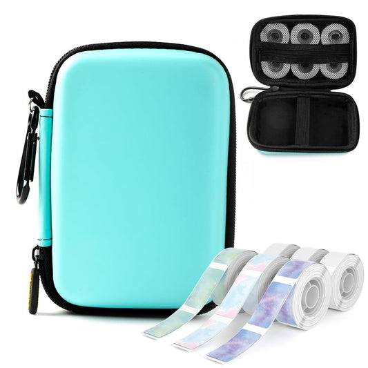 Phomemo D30 D35 Label Marker Green Case with 6 Rolls of Color Combo Set Label Tapes, Waterproof Storage Bag with Black on White Clear Starry Sky Label Tapes, Sticker Thermal Paper Self-Adhesive