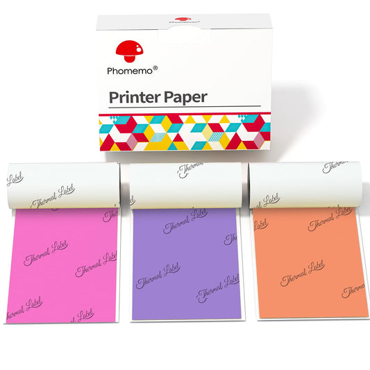 Phomemo Colorful Thermal Sticker Paper, Self-Adhesive Printer Paper Compatible With Phomemo M02/M02S/T02/M832 Thermal Printer, Black on Purpple/Rose/Orange, 3 Rolls, 50mm x 3.5m