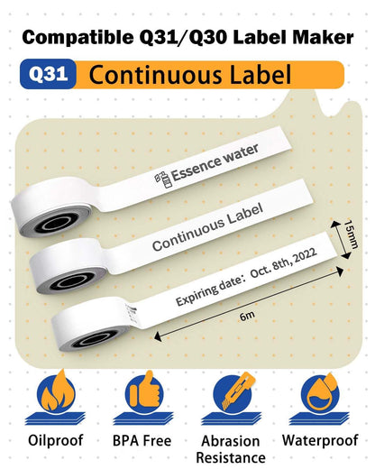 Phomemo Q30/Q31/D30 Continuous Label 1/2''*236 1/8'' (15mm*6m) White Adhesive Thermal Label, 3 Rolls, Wateproof, Oilproof, Strong Adhesion