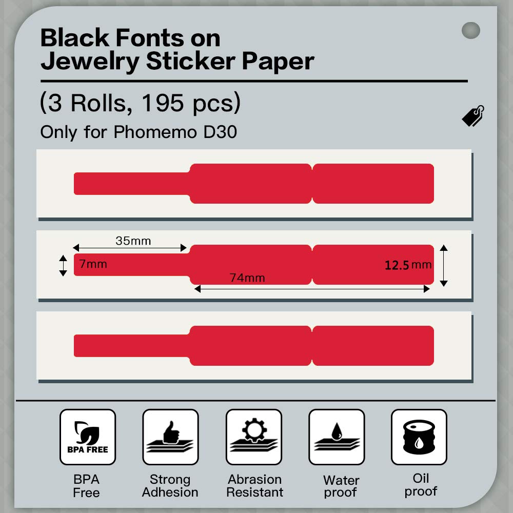 Papel t¨¦rmico Phomemo D30 - Etiquetas autoadhesivas rojas para cables, alambres, joyer¨ªa, para reventa de negocios, supermercado, compatible con Phomemo D30, 12,5 x 74 cm, 3 rollos