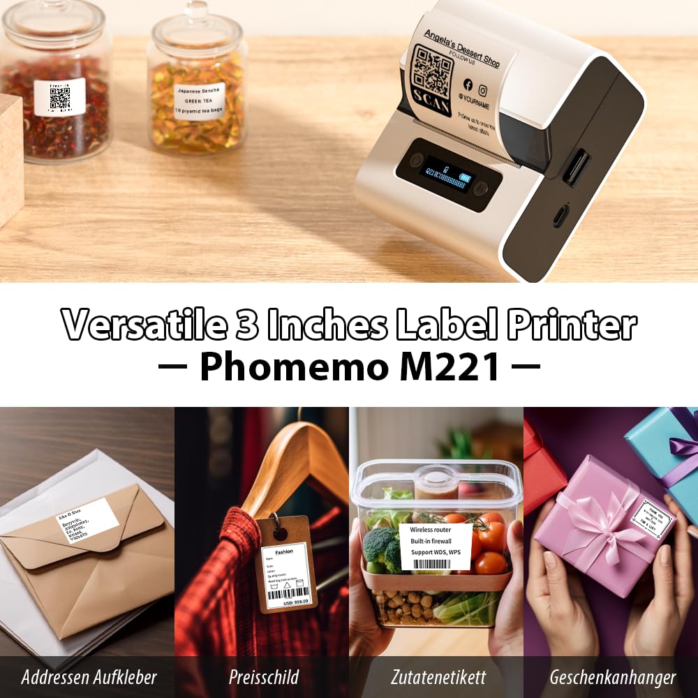 Phomemo Bluetooth Label Printer - M221 Label Maker Machine, Portable Thermal Label Printer, Rechargeable Label Maker Compatible with PC IOS Android,for Address,Barcode,Home,Office,with 3 Rolls Labels