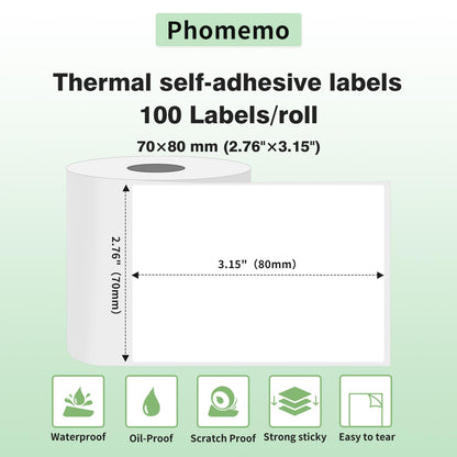 Phomemo Thermoetikett, selbstklebendes Etikett, 70mm * 80mm, kompatibel mit Phommeo M200 Etikettendrucker, B¨¹ro-geeignet, Adressetikett. 100 Etiketten pro Rolle