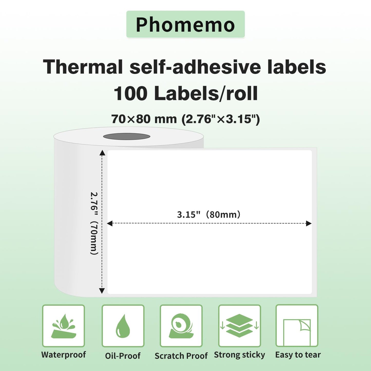 Phomemo Thermoetikett, selbstklebendes Etikett, 70mm * 80mm, kompatibel mit Phommeo M200 Etikettendrucker, Büro-geeignet, Adressetikett. 100 Etiketten pro Rolle