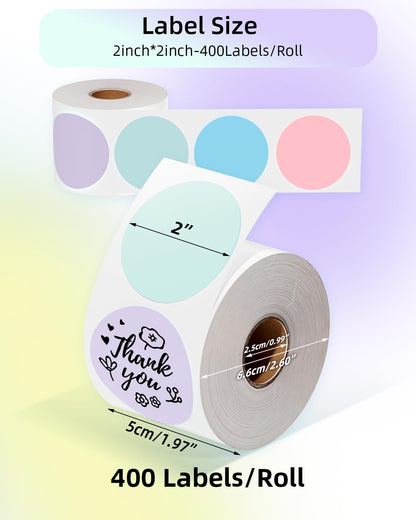 Phomemo 2 in? yuvarlak termal etiket, Sticky Circle etiketi, Circular Direct Thermal Printer etiketi, Danke ??kartmas?, logo, isim/fiyat, adres, QR kodu, 400 etiket (lila, ye?il, mavi, pembe)