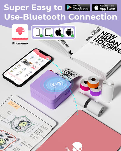 Phomemo Pocket Printer- 300dpi Bluetooth Inkless Mini Phone Printer- Note Printer for DIY Creation, Photo Printing, Study Notes, with Total 6 Rolls Paper, Purple