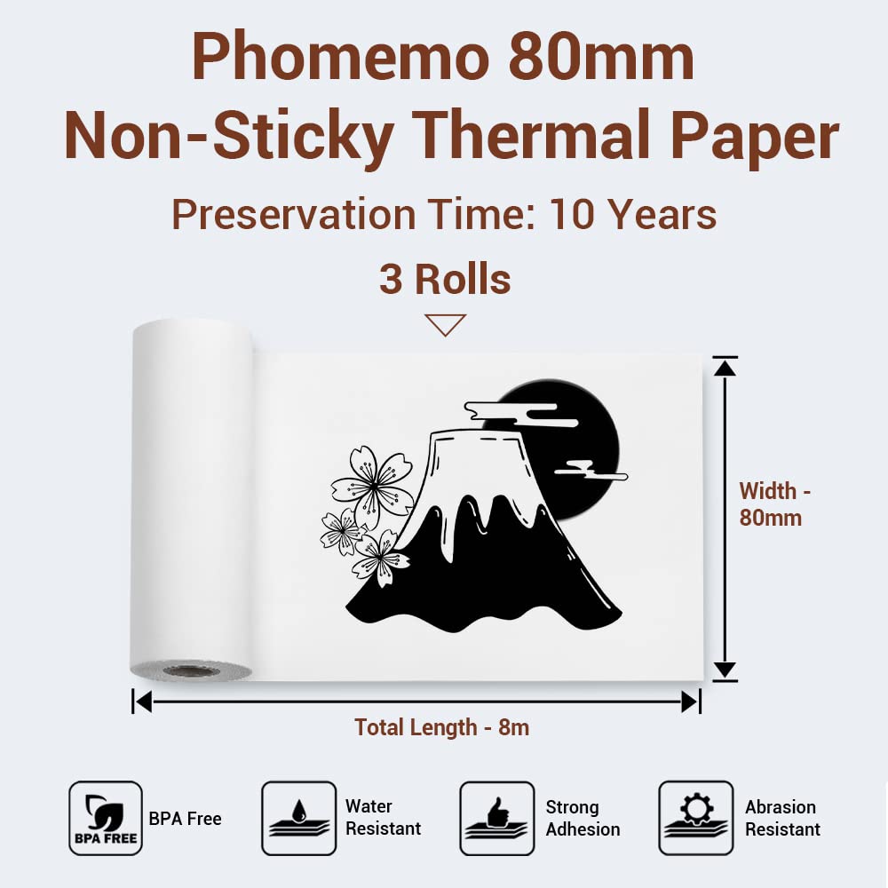 Phomemo 3.15'' (80mm) Non-Adhesive White Thermal Paper for M03/M03AS / M04S/M04AS, 80mmx6.5m, 10 Years Canning, Black on White, for Stickers, Diary Texts, Study Notes, 3
