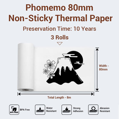 Phomemo 3.15'' (80mm) Non-Adhesive White Thermal Paper for M03/M03AS / M04S/M04AS, 80mmx6.5m, 10 Years Canning, Black on White, for Stickers, Diary Texts, Study Notes, 3