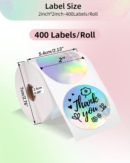 Phomemo 2'' Laser Color Thermal Labels, Adhesive Sticker Label, Circular Direct Thermal Label for Thank You Cards, Logo, Name, Price, Address, QR Code, 400 Labels, Laser Multicolor