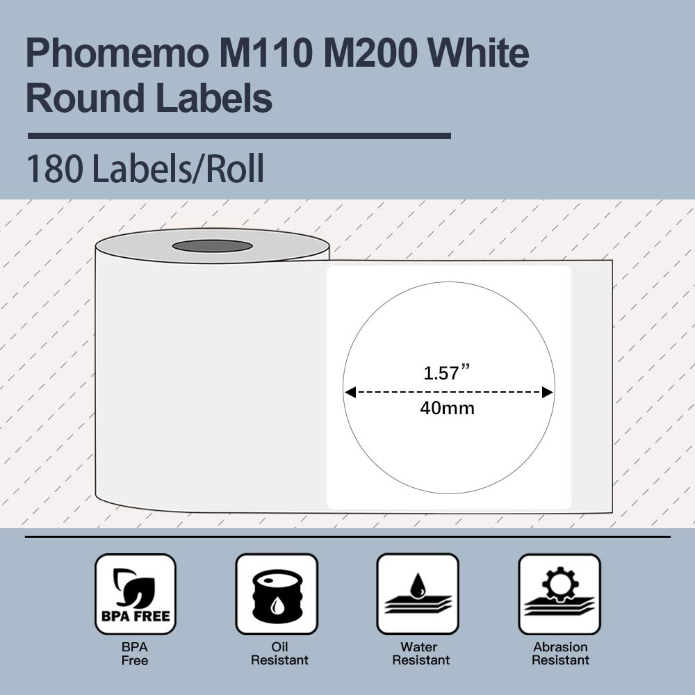 ¨¦tiquette Phomemo M110 M120 M200 M220 M221- ¨¦tiquettes pour imprimante thermique, 40x40 mm (1,57''x1,57''), rond blanc