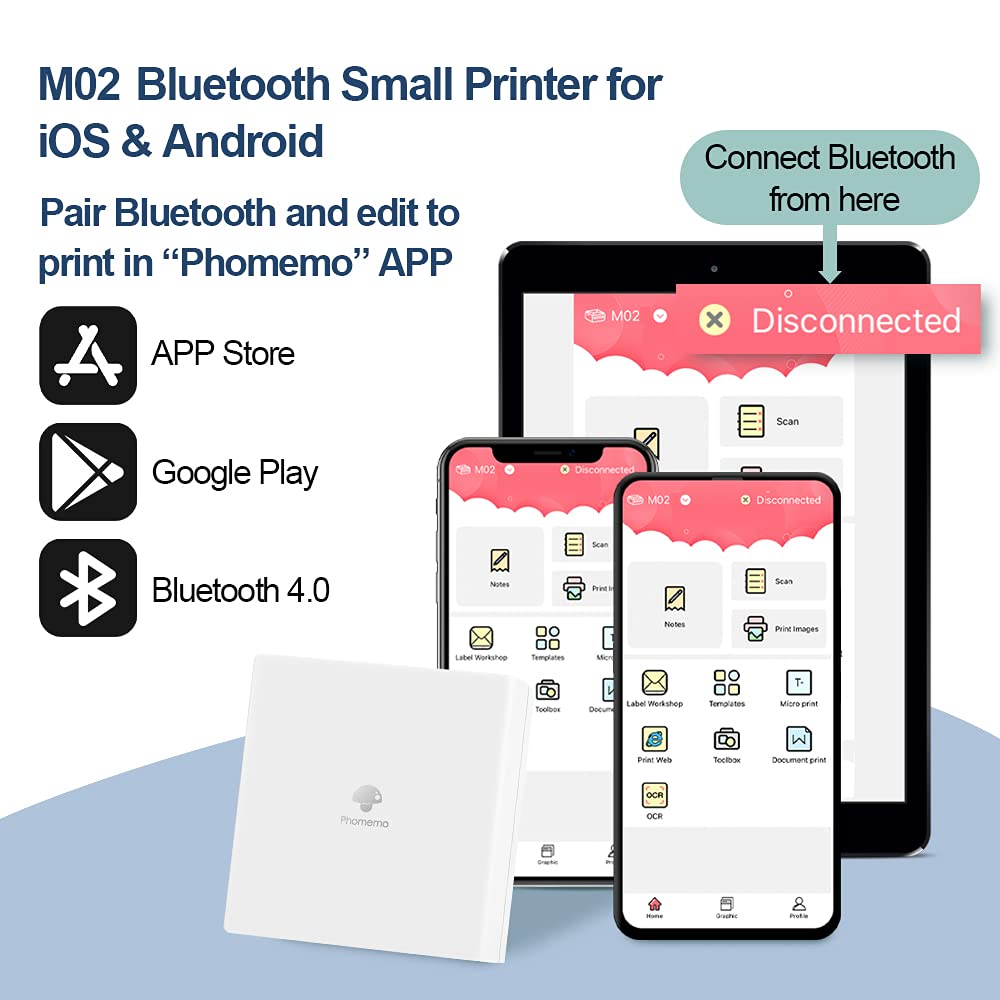 M02 - Kit de Impresora portátil con 3 Rollos de Papel incluidos, Impresora térmica de Bolsillo Bluetooth, Impresora fotográfica instantánea Compatible con Android, iPhone y iPad,Blanco