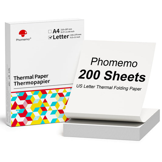 Phomemo Papier pliable continu Format lettre US, 216 mm x 279 mm (8,5'' x 10,98''), compatible avec l'imprimante portable A4 P831/M832/M833/M834, pour entreprise, photo, factures, contrats, 200 feuille