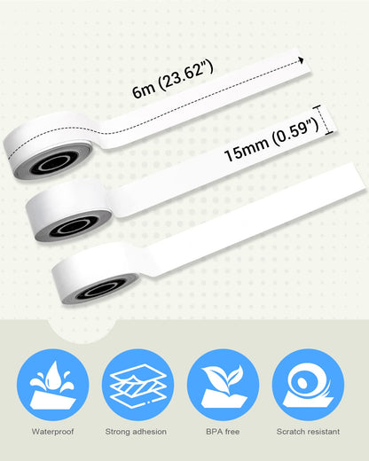 Phomemo ¨¦tiquettes Continues Blanches Compatibles avec les ¨¦tiqueteuse Bluetooth Phomemo D30, Q30S, Q31, ¨¦tiquettes Adh¨¦sives Thermiques 15mm ¡Á 6m, Trois Rouleaux par Bo?te