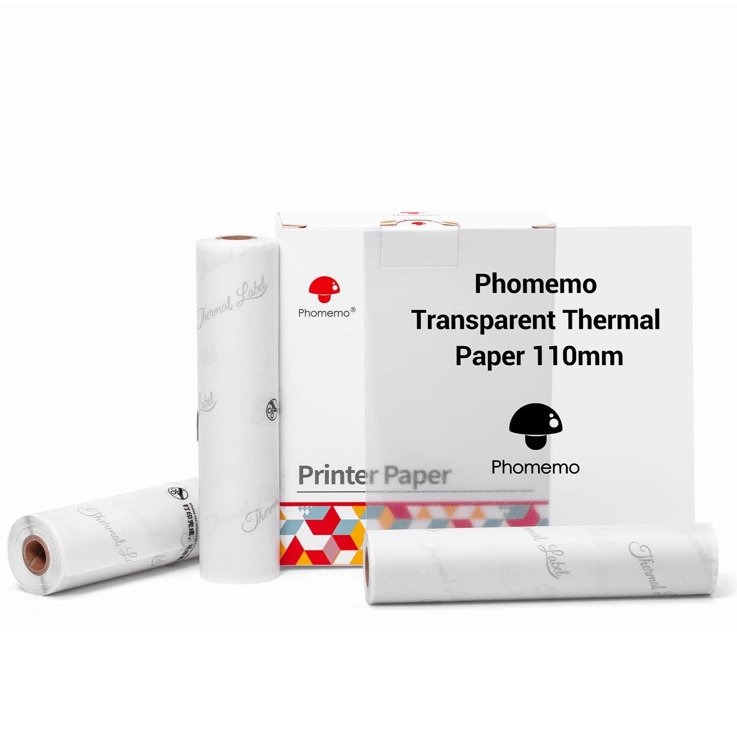 Phomemo Transparent Adhesive Thermal Sticker Paper Printer Paper 110mm, Compatible with Phomemo M04S/M04AS Sticky Note Printer, Black Text, 3 Rolls, Suitable for Notes, List, Pattern, Sticker