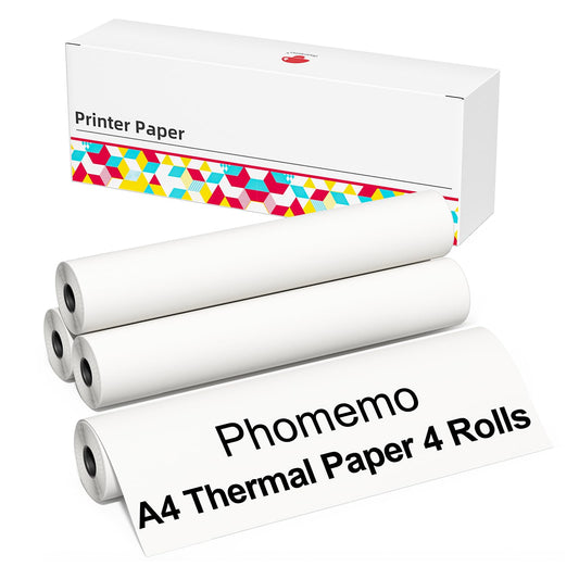 Phomemo Thermisch printerpapier - A4 formaat papier, 210 mm x 6,5 m, compatibel met Phomemo M08/P831/M832/M833/M834 draagbare A4-printer, voor reizen, thuis, foto, factuur, contract, 4 Rolls