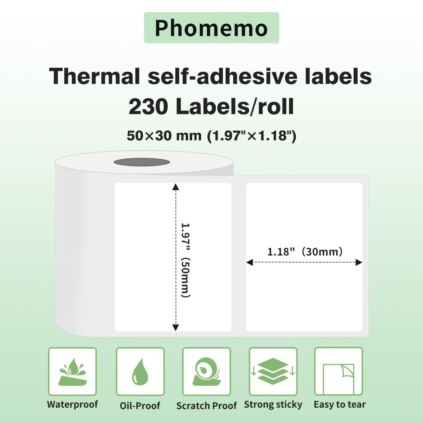 Phomemo Thermal Label Paper - Multifunctional Adhesive Label, Address Label, 50x30mm (1.97'' x 1.18''), Suitable for Phomemo M110 M200 Label Printer, 230 Labels/Roll