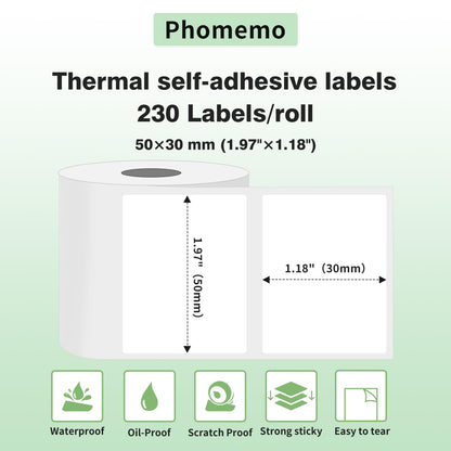 Phomemo Thermal Label Paper - Multifunctional Adhesive Label, Address Label, 50x30mm (1.97'' x 1.18''), Suitable for Phomemo M110 M200 Label Printer, 230 Labels/Roll