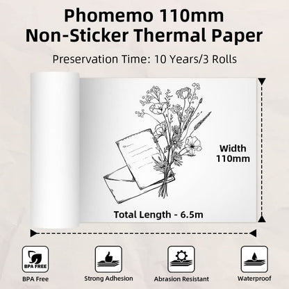 Phomemo 110mm Non-Adhesive White Thermal Paper for M04S/M04AS/M832/M833/M834 Printers, 110mmx6.5m, 10 Years Canning, Black on White, for Stickers, Diary, Texts, Study Notes, 3