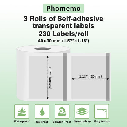 Phomemo 3 Rollen Transparentes etikett,Multifunktionales selbstklebendes transparentes Etikett, 40 mm * 30 mm, 240 Etiketten/Rolle,Kompatibel mit Phommeo M110 M120 M220 M221 M200 Etikettendrucker