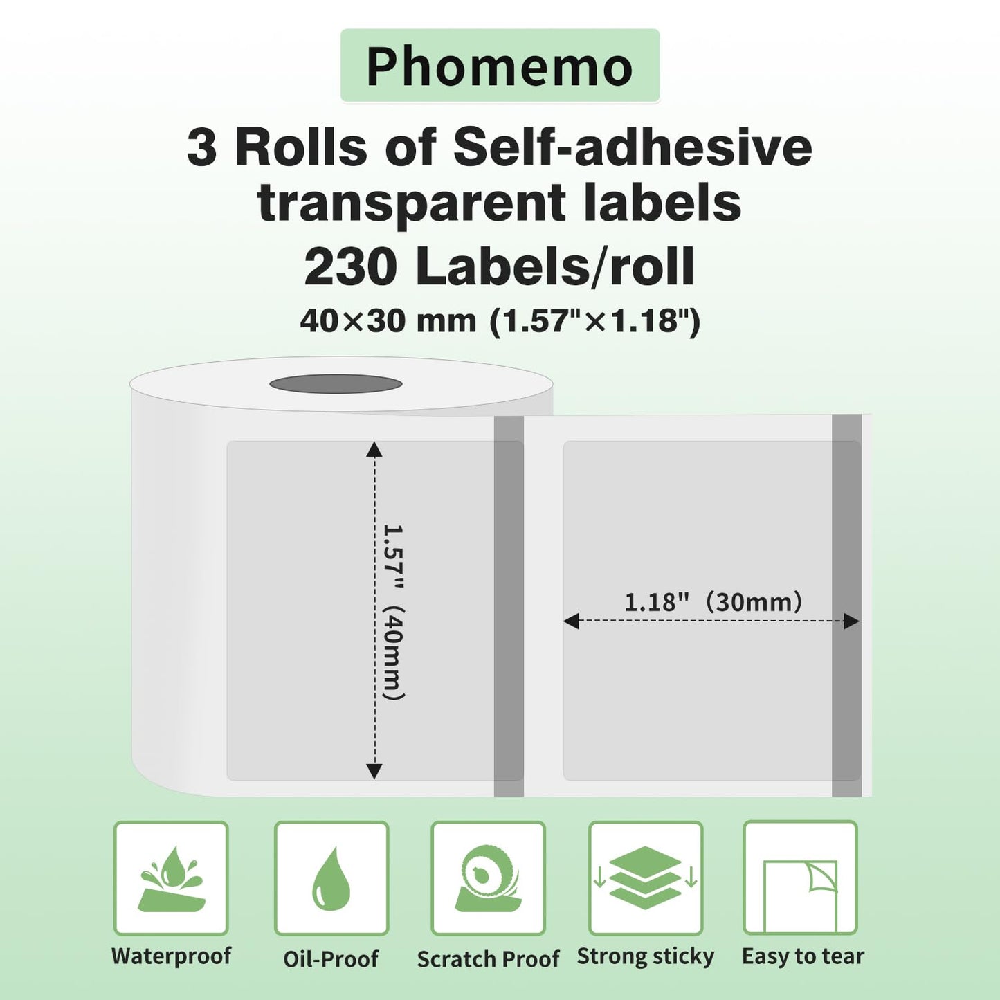 Phomemo 3 rollen transparant label, multifunctioneel zelfklevend transparant etiket, 40 mm x 30 mm, 240 etiketten/rol, compatibel met Phommeo M110, M120, M220, M221, M200 labelprinter