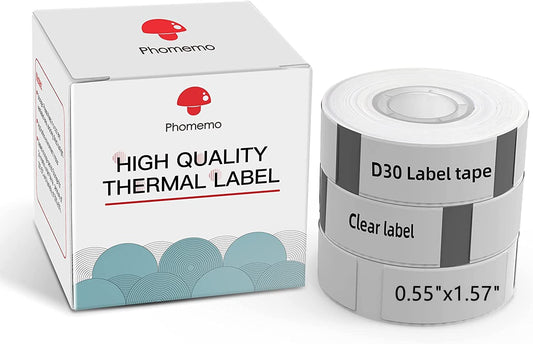 Clear D30 Labels, Phomemo D30 Label Maker Tape, Waterproof Self-Adhesive Clear Transparent Labeling Tape, Ideal for The Home Office, 0.55x1.57inch(14x40mm) 160Pcs/Roll, 3 Roll