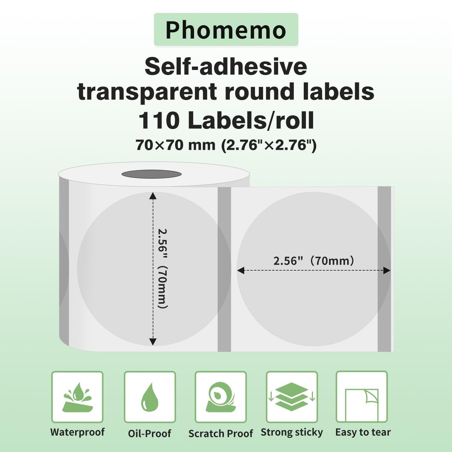 Phomemo ¨¦tiquette Ronde Transparente M220 ¨¦tiquette thermique Autocollantes Ronde Transparente,2,75''x2,75'' (70x70mm), compatible avec l'¨¦tiqueteuses Phomemo M200 M220 M221,110 ¨¦tiquettes/rouleau