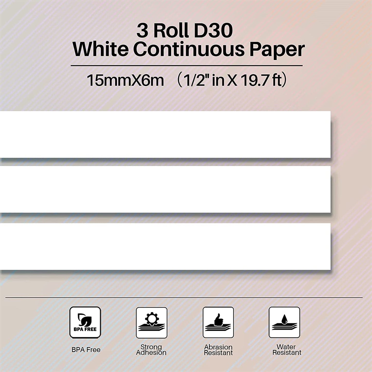 Phomemo 3 Rolls D30 Adhesive White Infinite Thermal Label Paper 1/2'' x 20ft (15 x 6m) Black on White, for Phomemo D30/D35 Label Printer
