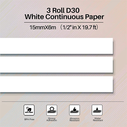 Phomemo 3 Rolls D30 Adhesive White Infinite Thermal Label Paper 1/2'' x 20ft (15 x 6m) Black on White, for Phomemo D30/D35 Label Printer