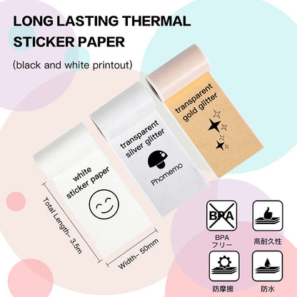 Phomemo Adhesive Thermal Sticker Paper, White/Gold Glitter/Silver Glitter Thermal Paper, for Phomemo M02/M02 Pro/M02S/M03 Bluetooth Thermal Pocket Printer, 50mm-53mm Width, 3.5m Length, 3 Roll